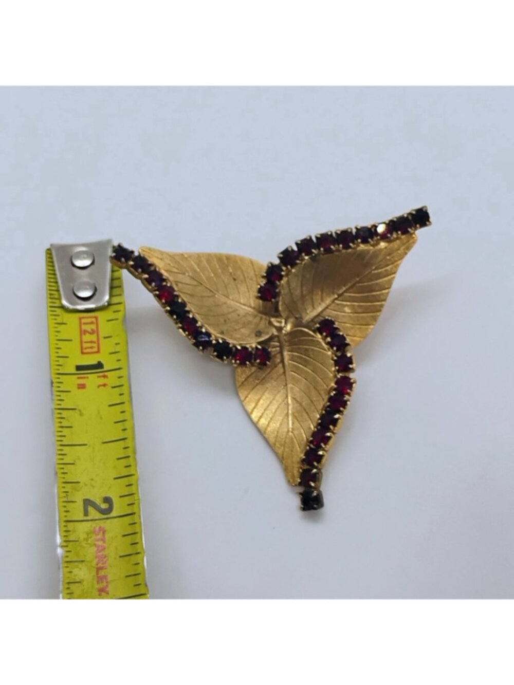 Vintage Red Rhinestone Gold Tone Triple Leaf Brooch Pin Statement 2" - Picture 4 of 5